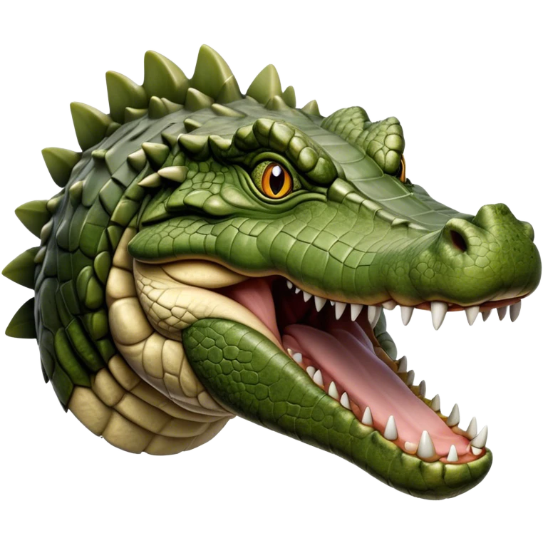 Cinematic Realistic Noble Crocodile Portrait Emoji, Poised and formidable, with a massive, muscular build and a rugged, intricately textured scaly hide in deep olive-green with natural camouflaged patterns, a powerful, fearsome jaw and piercing, ancient eyes rendered in lifelike detail, high shine, intelligent and imposing, styled with an air of primal authority, focused and attentive, soft glowing outline, capturing the essence of a watchful and confident crocodile that appears ready to surge out of the screen with effortless power! emoji
