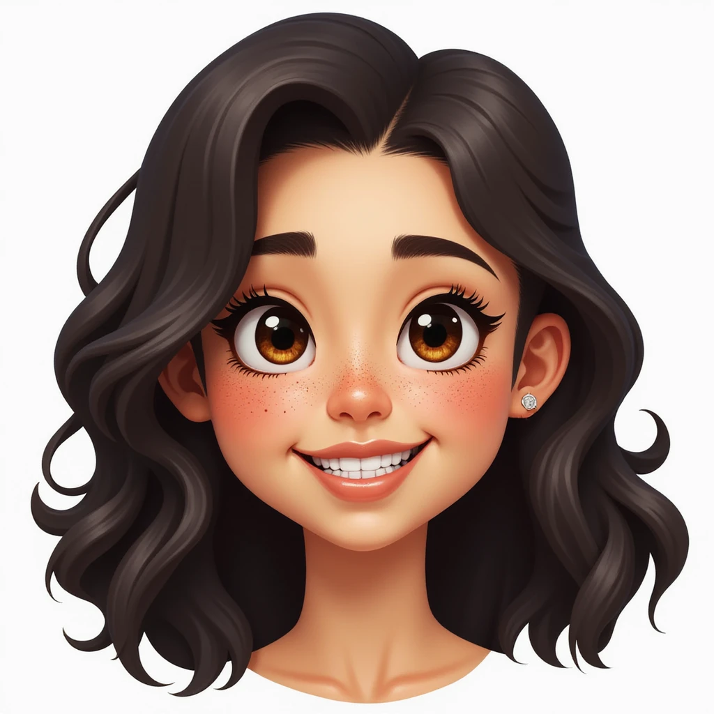 realistic emoji of a woman with dark curly shoulder-length hair, smiling with teeth, expressive almond-shaped eyes, freckles, glowing skin, friendly and calm expression emoji