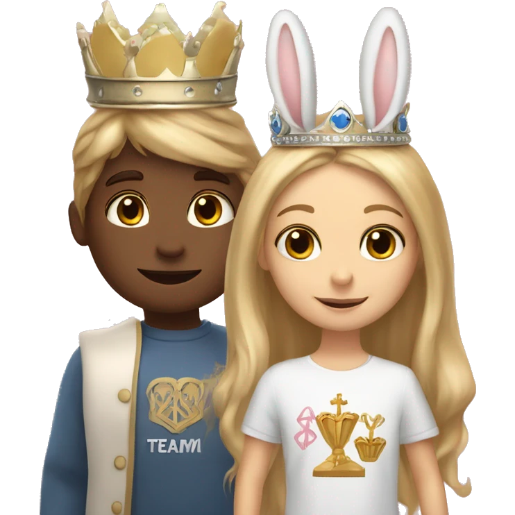 Two bunnies a girl and boy they both have crowns on because they are a queen and king. Boy has blonde hair, girl has long brown hair. They are holding a sign saying Team Bunny Forever  emoji