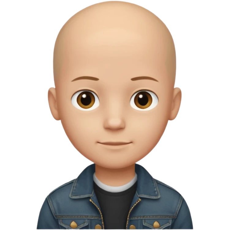  a young boy with bald head, black jeans jacket, plain forehead emoji