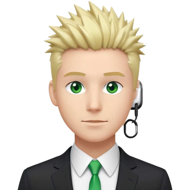 Spiky hair man in suit with AirPods in blonde hair green eyes emoji