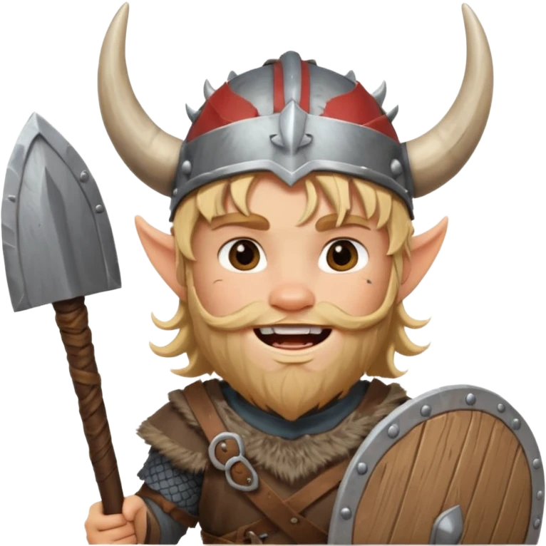A young Viking warrior with messy hair painted cheeks, wooden shield, and fierce excited grin with horned helmet emoji