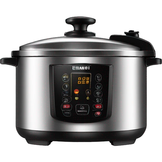 Stainless steel pressure cooker, with black gights, 3 black clamps on the cover,  under the knob emoji