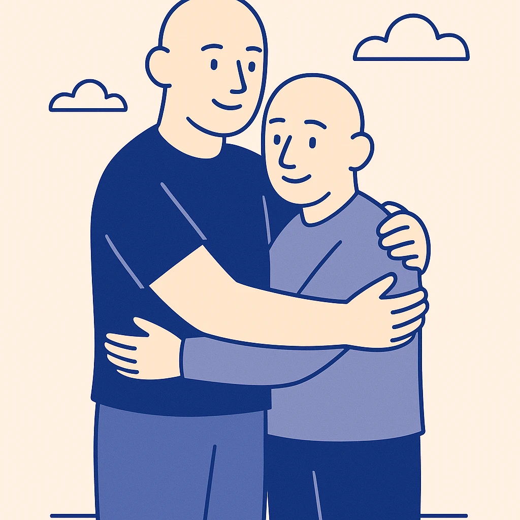 two bald men of different heights hugging, simple, clear composition emoji