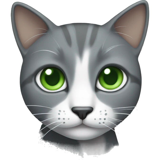 a grey cat with a white spot on its nose and white tips of its legs with green eyes emoji