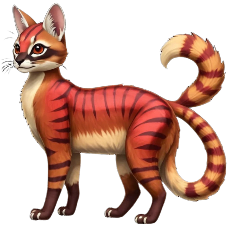 Vibrant-colored red-dark-brownish-furred colorful painted marked patterned Asian glorious divine exotic cute cool beautiful shiny beautiful fantasy-caracal-civet-genet-sergal-vernid-Cacomistle-oncilla-animal-Fakémon-hybrid-fursona (full body) emoji