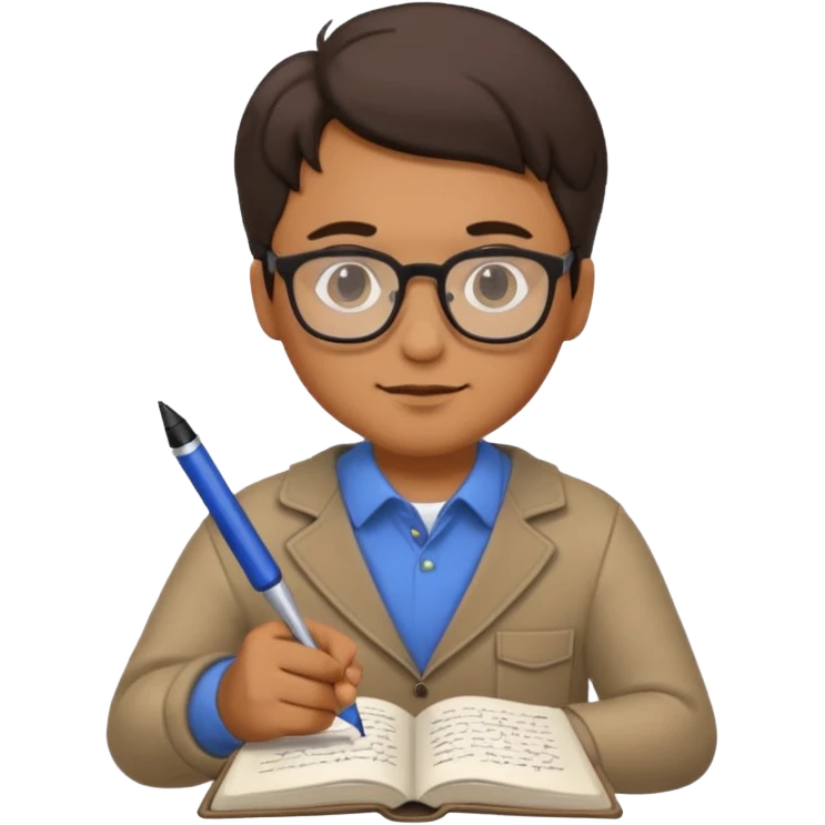 man hold a pen in hand write in book , wearing glasses emoji