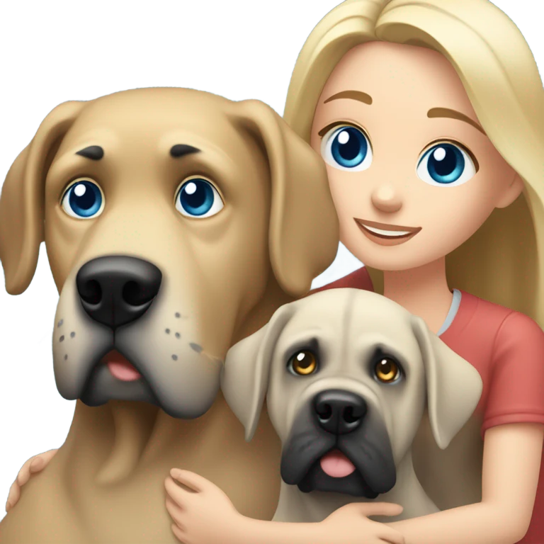 Brunette blue eye man and blonde blue eye girl hugging an English mastiff dog emoji