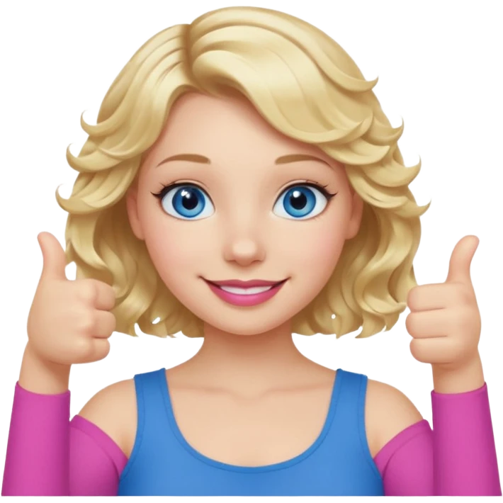 Girl Blonde short wavy hair,  blue eyes, cute blue top, long lashes, pink lips, smiling, thumbs up emoji