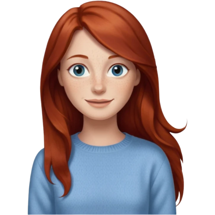 woman with long dark auburn red hair that is mostly straight but has slight waves to it. grey blue eyes. some freckles. wearing a Swedish style sweater that is neutral. smiling.  emoji