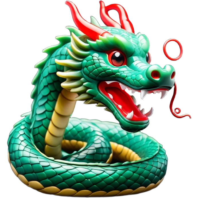 Cinematic Comical Chinese Serpent Dragon Portrait Emoji, Head tilted dramatically with an exaggeratedly amused expression, featuring a sleek, serpentine form adorned in luminous jade and vermilion scales interlaced with playful cloud and water accents; rendered with vibrant, lifelike textures and dynamic natural shadows, high shine, playful yet wise, styled with an air of cheeky ancient mystique, soft glowing outline, capturing the essence of a spirited and humorously enigmatic celestial dragon that looks ready to spiral into legendary lore! emoji
