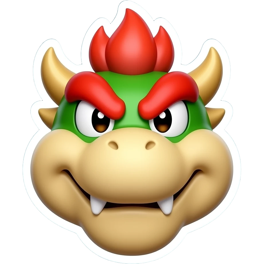 cute 3D bowser emoji head, mischievous smirk, green top and beige face, big round snout, small fang tooth, expressive eyes, thick red angry eyebrows, red spiky flame hair on top, glossy toy style, smooth shading, sticker with thick white outline, centered, blue gradient background emoji