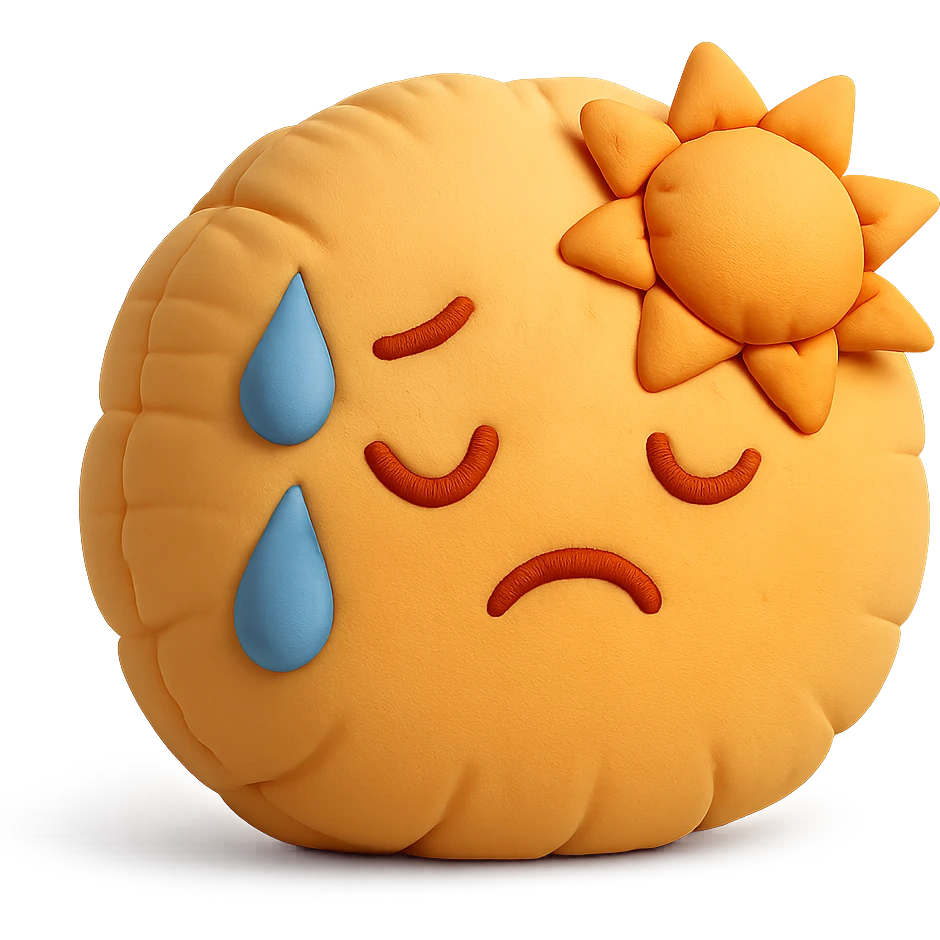 plush face with sweat and sun, hot weather, warm colors, soft cushion style emoji