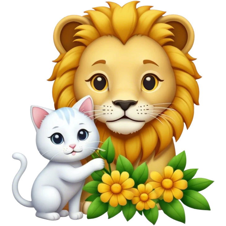 Lion give white cat flowers emoji