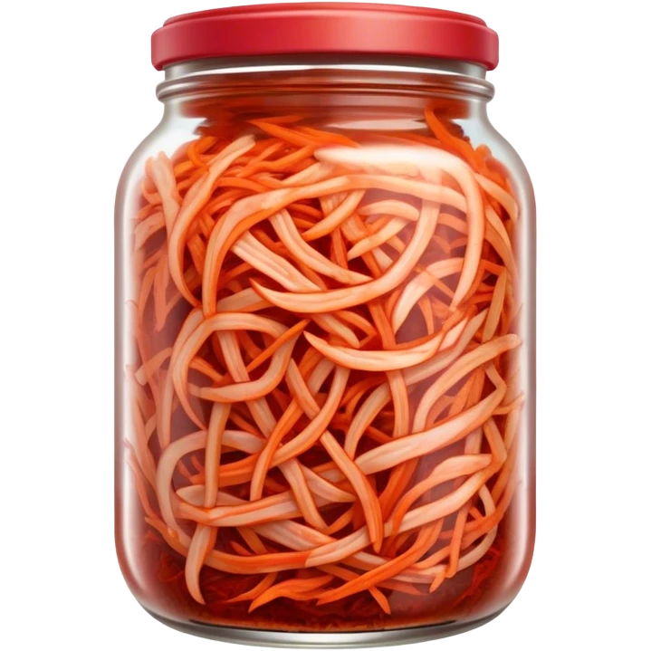 Shredded Kimchi Cinematic Realistic Kimchi Dish Emoji, depicted as spicy, fermented cabbage with vibrant red hues neatly served in a traditional jar, rendered with dynamic textures and bold, appetizing lighting. emoji