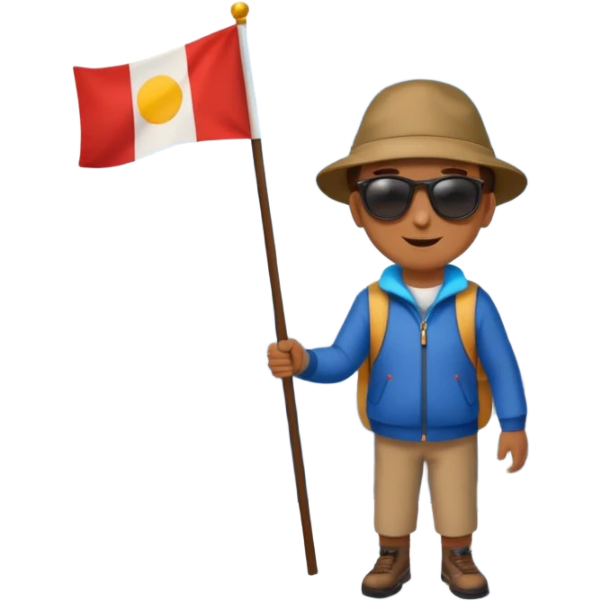 a happy guy standing on a rounded, gentle mountain with some snow, holding a flag emoji
