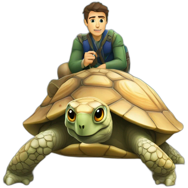 Éric zemur sur une tortue avec des yeux qui lance des lazer emoji