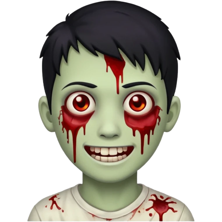 Teen zombie with black hair smiling with blood all over him emoji
