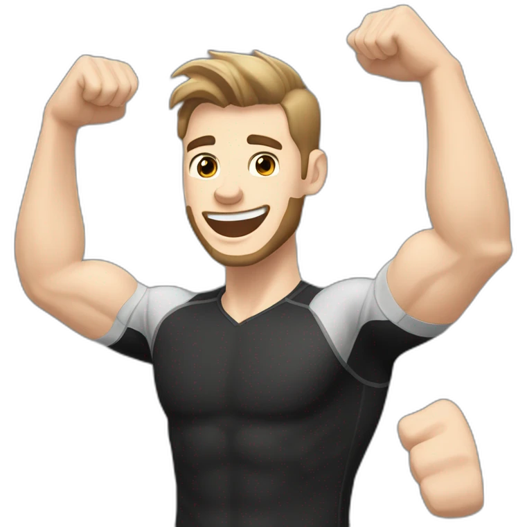 Joyful Celebrating victory Pale skinned Fit Man With the biceps and dark brown hair in black shirt, gray sports shorts and white Sneakers emoji
