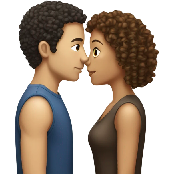 Light skinned woman with curly hair and white man with  straight dark brown hair kissing  emoji