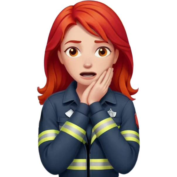 Woman with fire truck, red hair, crossing her arms, holding her neck with exes over her eyes and screaming emoji