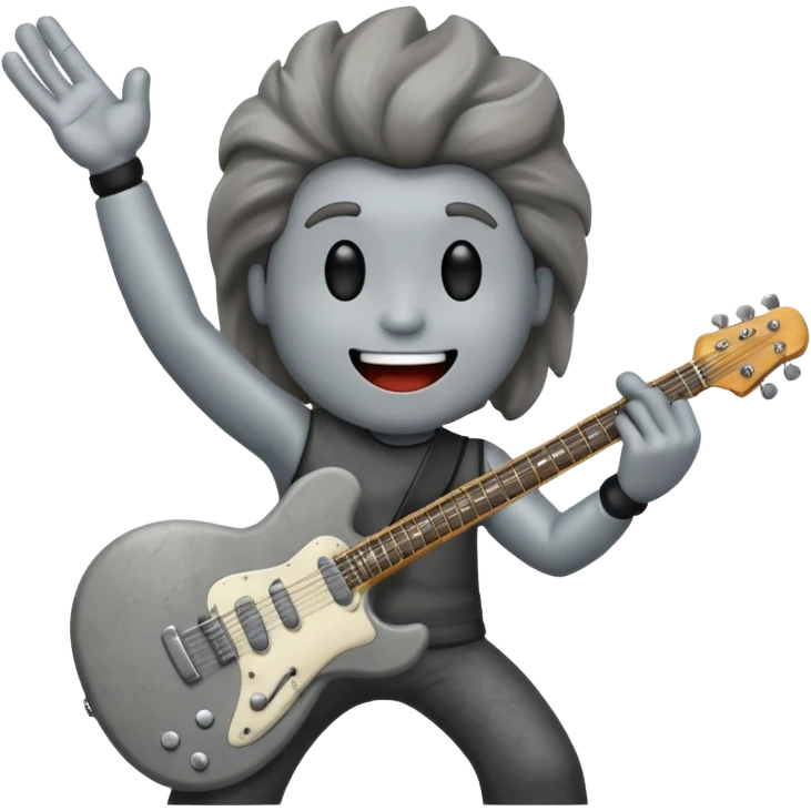 a rock with a happy face that is holding up a rock and roll hand and an electric guitar emoji