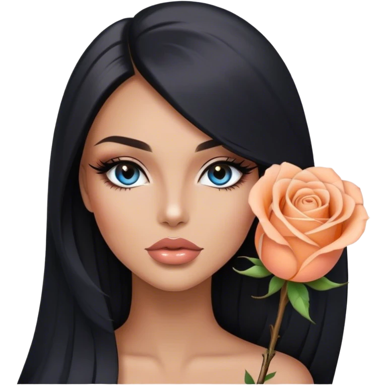 Glamours, tanned, very beautiful girl, with big pump peach-beige-rose lips, long long lashes, black straight smooth silky long hair, straight parting hair, blue-grey eyes in black clothes emoji