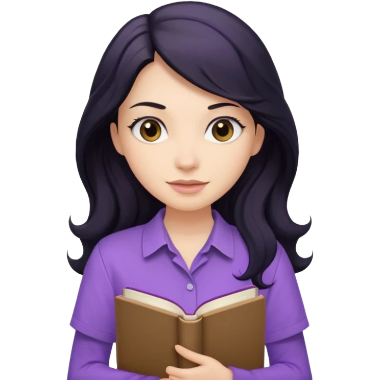Long Hair Women with purple Book, Black wavy hair, beige shirt emoji