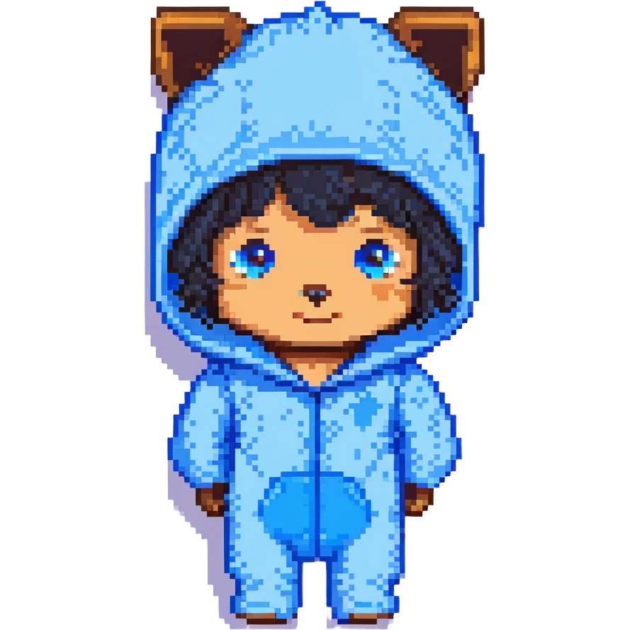 Minecraft pixel art face of OMZ, with blue dog onesie hood, curly black hair, brown eyes, matching the reference emoji