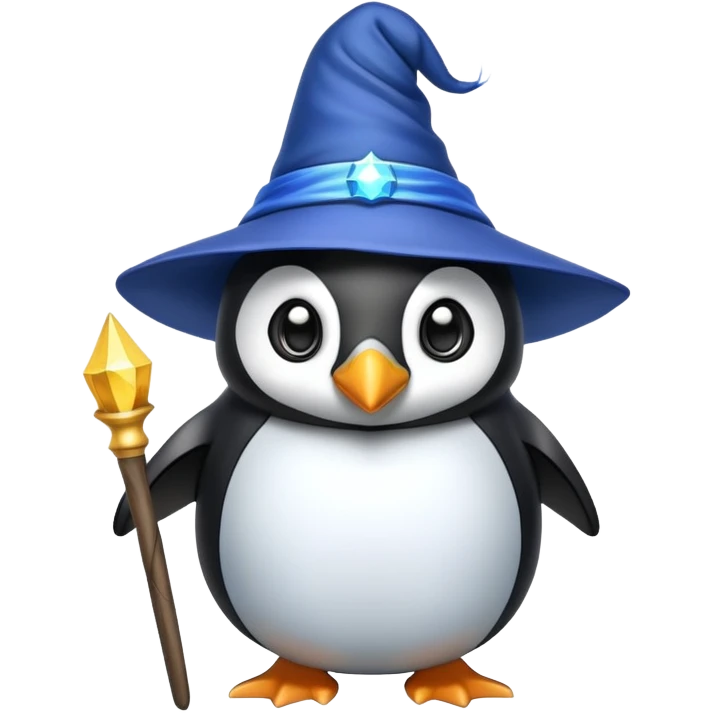 Penguin wearing a wizard hat and holding a magic wand emoji