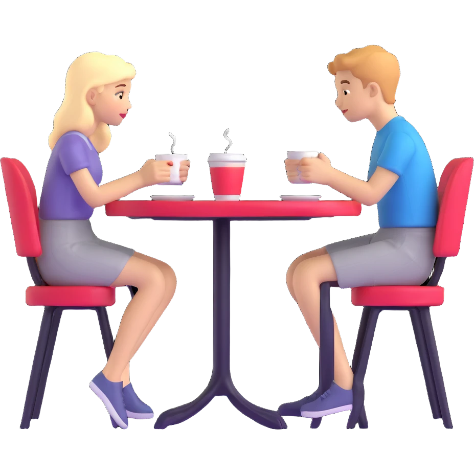 boy and girl sitting at a table sipping coffee emoji