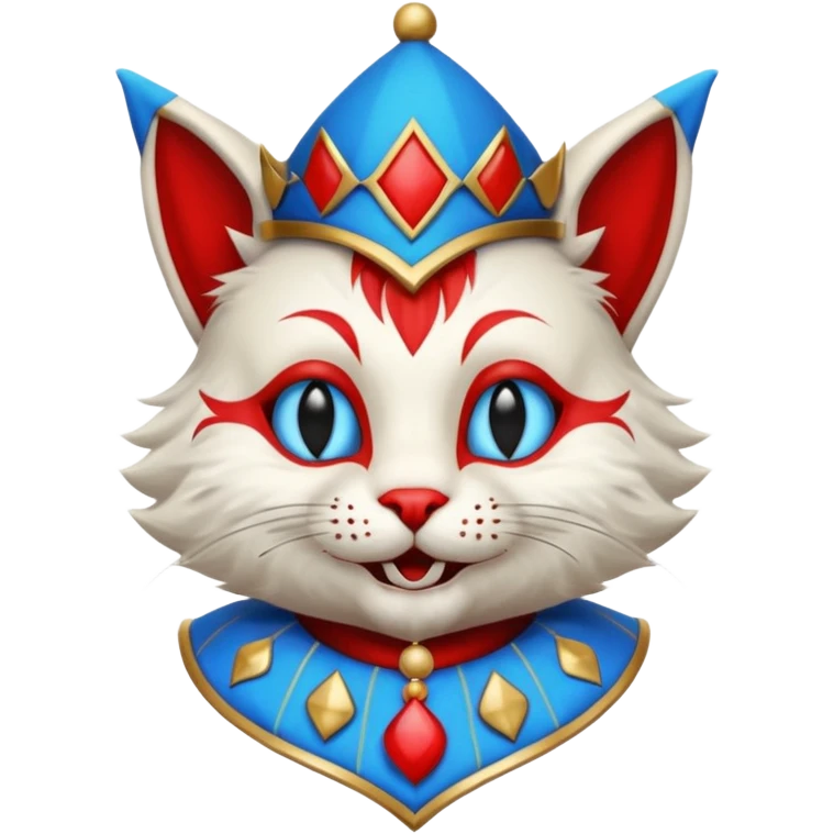 crazy colorful cute little cat jolly joker from poker, medieval, vintage, court jester, mac os icon, blue and red color, half body emoji