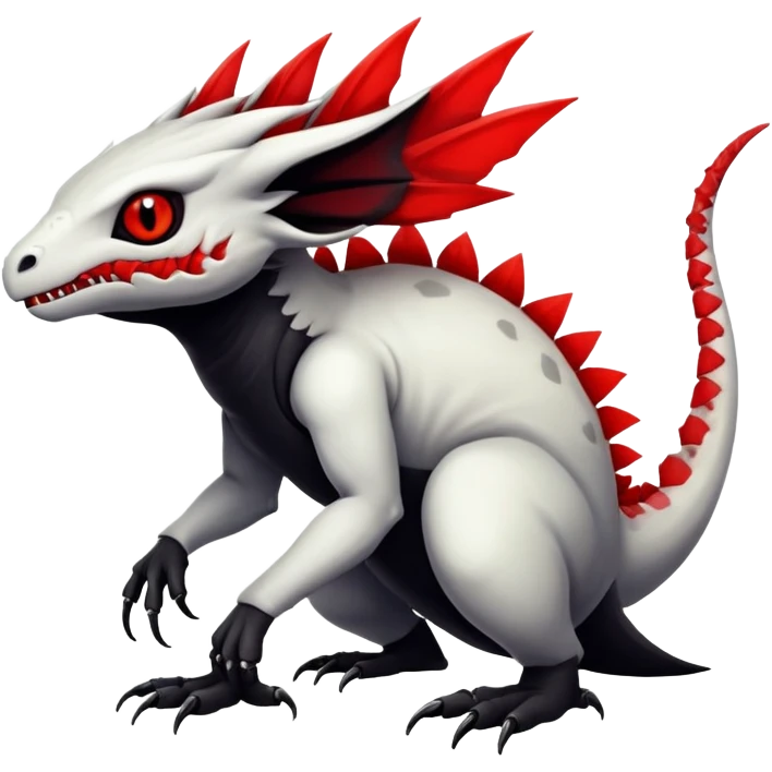 a white exotic edgy vernid-fionbr-Fakémon-creature, with black belly and red eyes, full body emoji