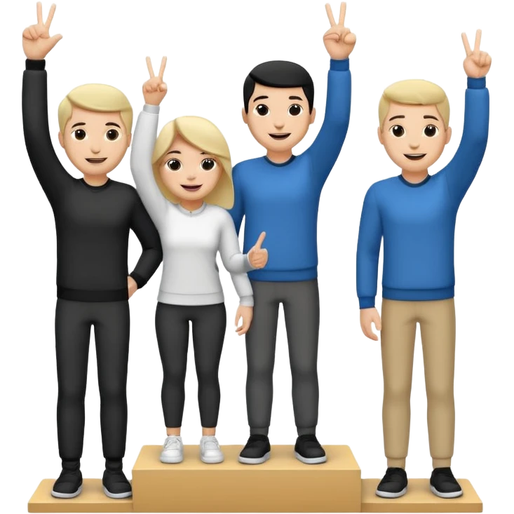 winners podium with three people, black and white, center step higher, no numbers, all in relaxed fun clothes, center person raising one finger on each hand, left person raising two fingers on each hand, right person raising three fingers on each hand, cheerful expressive emoji style emoji