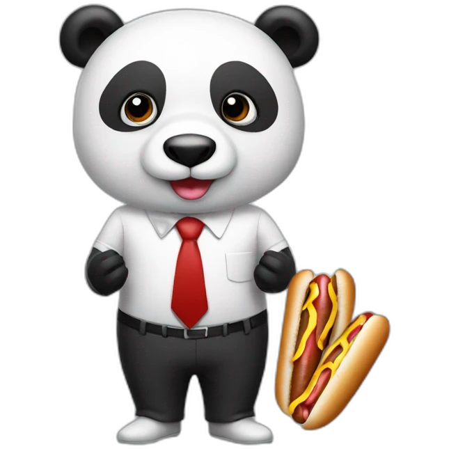A professor with white suit and red tie and a panda face eating hotdogs and holding a book emoji