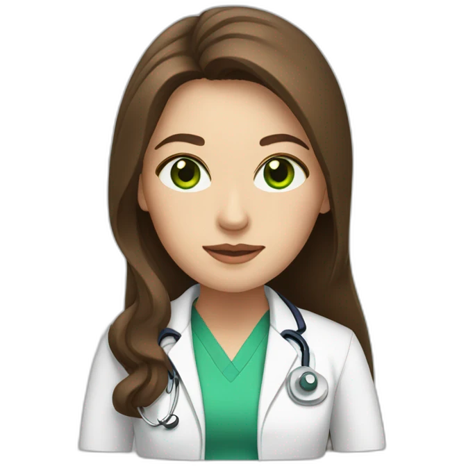 Doctor woman with long brown hair, white skin and green eyes emoji