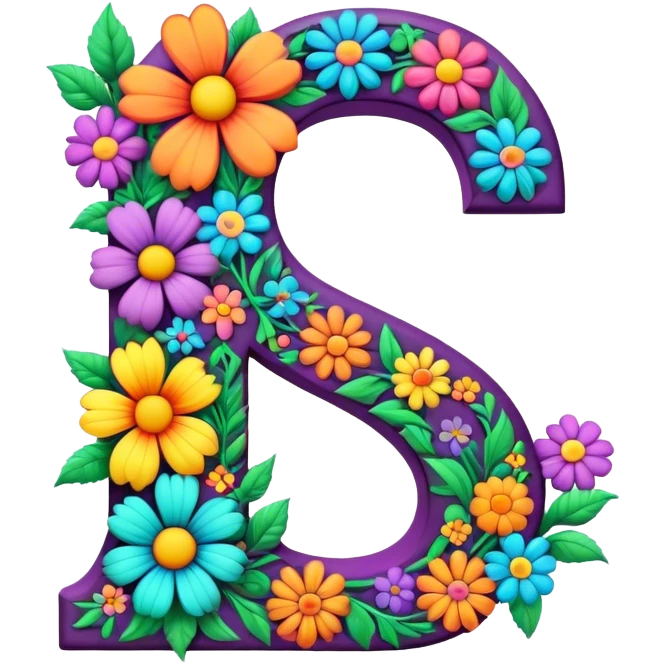3D, gothic style psychedelic colored Letter S with hippie style flower border emoji
