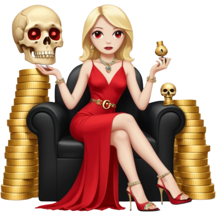 Lilith symbol red eye seductress evil shoulder length blonde haired powerful woman with Gucci  long dress with slit, sitting on of gold and diamonds. Black Platform high heels on feet. seat full of stacks,  dead human skull of her enemies in her other hand emoji