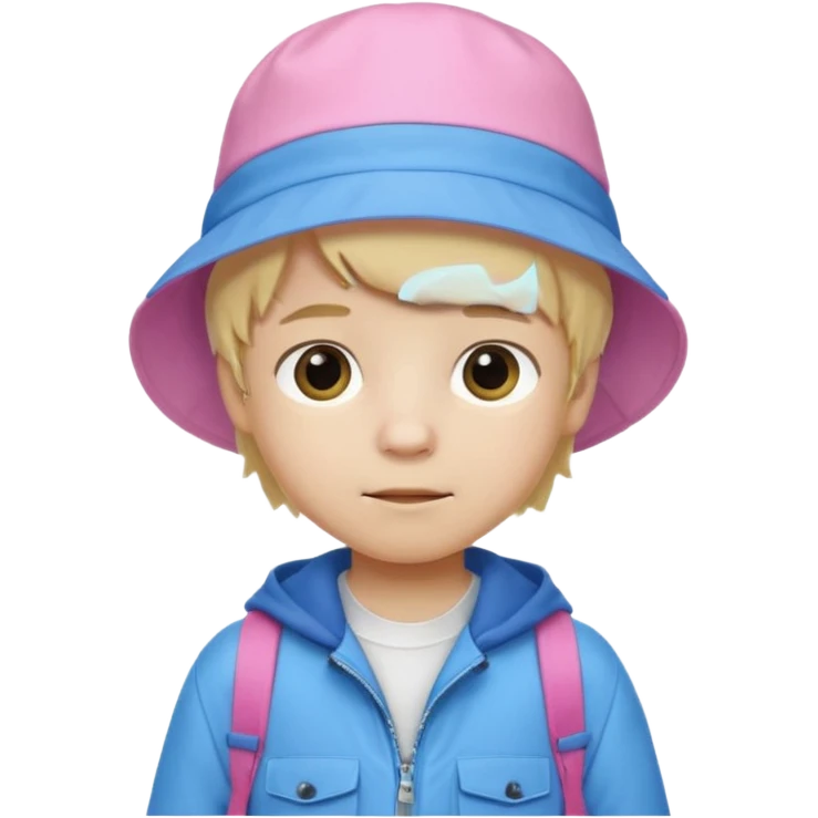 A little boy student white skin, blonde hair, with pink bucket hat, white jacket, blue backpack emoji