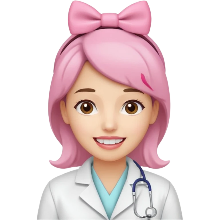 oji style illustration of a female dentist, friendly and smiling, wearing a white coat, with a small pink bow on her head, representing oral cancer awareness, caring and healing, soft colors, simple design, flat illustration, white background. emoji