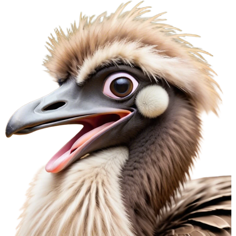 Cinematic Cute Yawning Emu Portrait Emoji, Head tilted slightly with a dramatic, wide-open yawn, showcasing a soft, downy brown plumage with gently drooping feathers and eyes barely open in drowsy contentment, Simplified yet irresistibly adorable features, highly detailed, glowing with a soft, cozy glow, high shine, relaxed yet expressive, stylized with a touch of outback charm, bright and endearing, soft glowing outline, capturing the essence of a sleepy yet affectionate emu, so drowsy it feels like it could stretch out of the screen and curl up for a nap! emoji