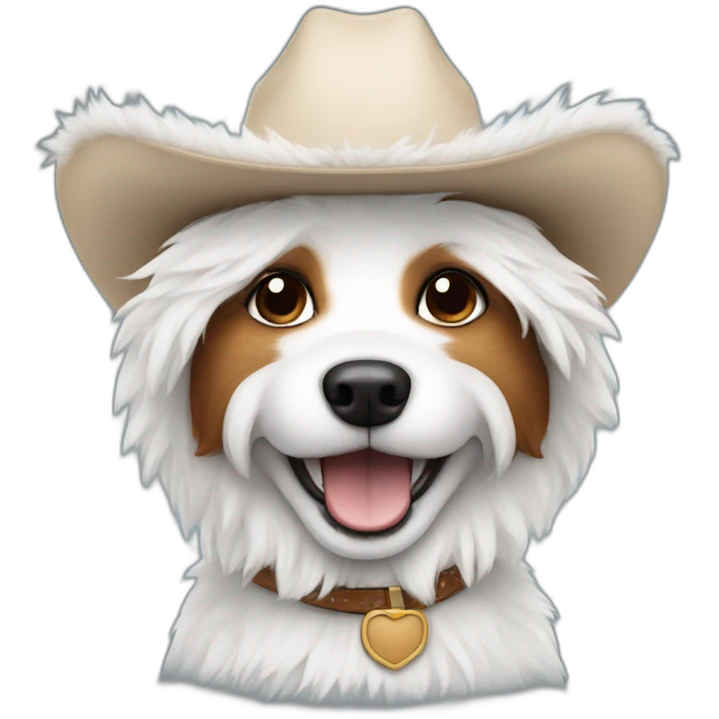 Happy small dog with all white shaggy fur wearing a cowboy hat emoji