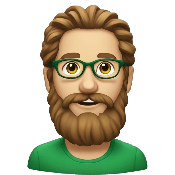 An emoji of a face of white man with long wavy brown hair tied into a bun, wearing green prescription glasses. He also has a long beard emoji