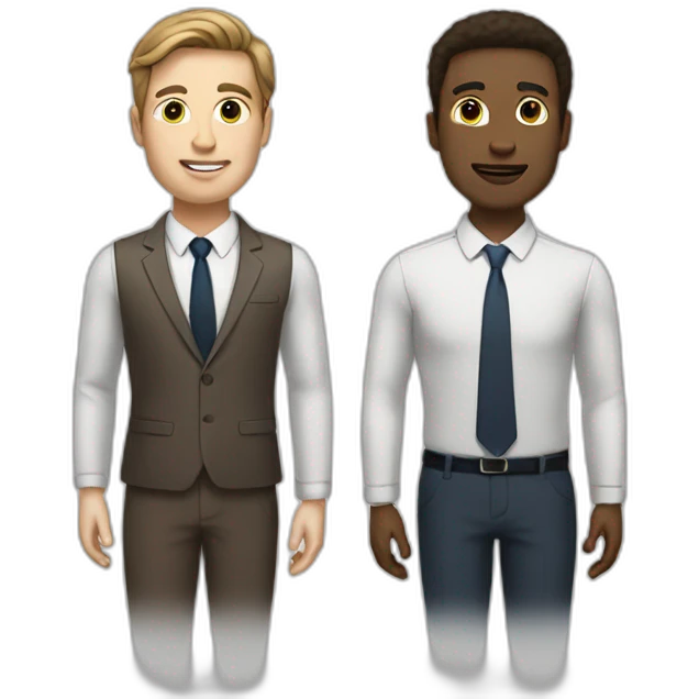 two business men standing next to each other with space brown hair white skin emoji