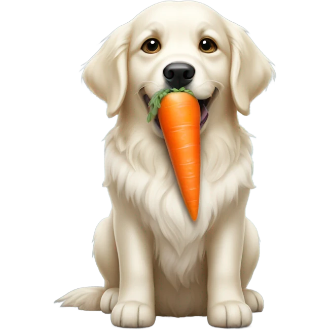 White Golden retriever holding by carrot in mouth emoji