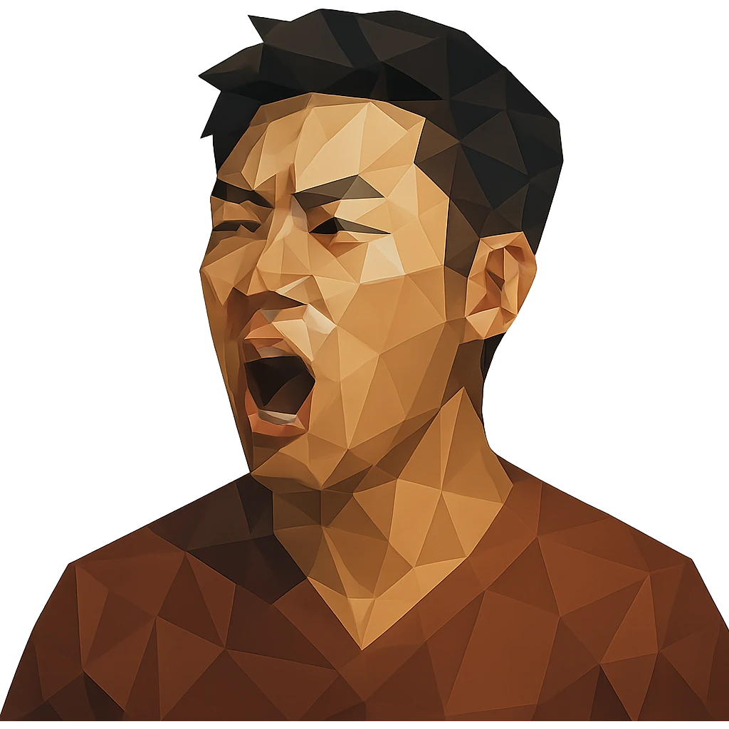 polygonal low-poly style Asian man with a semi-open mouth emoji