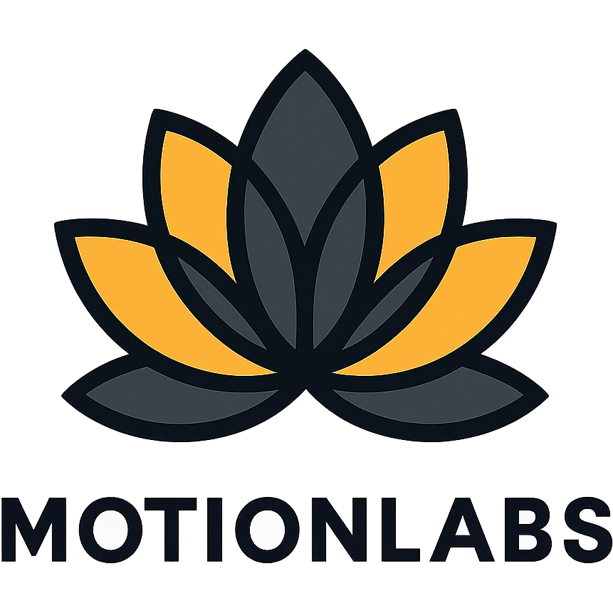 luxury logo for MotionLabs with geometric lotus symbol, colors #ffa31a, #292929, #1b1b1b, black background emoji
