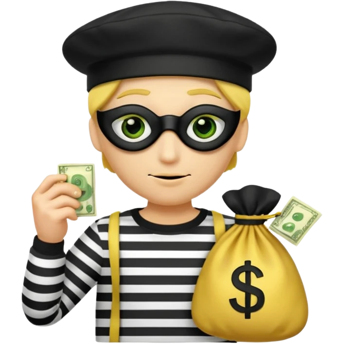 Create a high-quality emoji-style illustration of a cartoon thief character. The character should have a yellow face, wearing a black eye mask and a black beret. He is dressed in a black-and-white striped shirt. In one hand, he's holding a golden money bag with a green dollar sign on it.  emoji