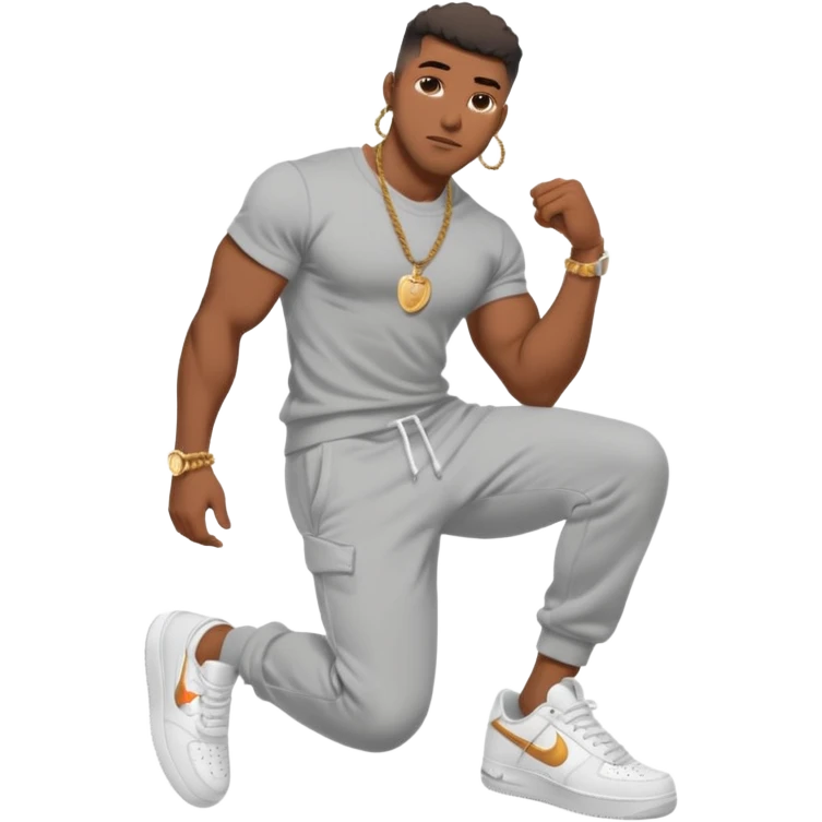 Handsome Black guy with brown skin tone, with muscular build, wearing gray sweatpants, a white t-shirt, white Air Force Ones sneakers, a small gold rope chain, and a gold watch  emoji