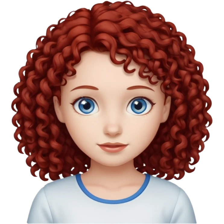 generate a young girl with dark red curly hair, blue eyes. in white top  emoji